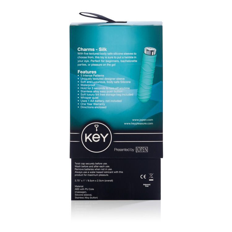 With five textured body safe silicone sleeves to choose from... Key - Charms Silk Vibe – Blue photo-11