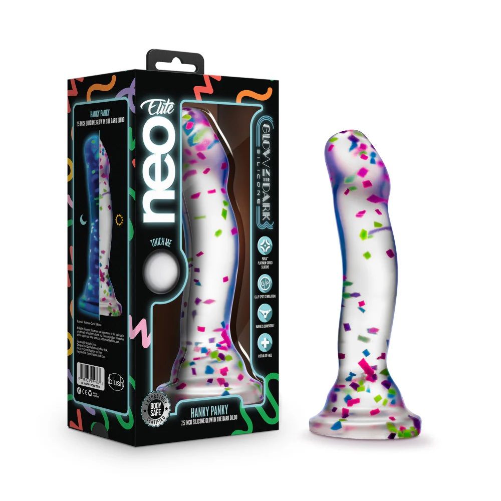 Hanky Panky is a confetti-filled clear dildo that’s ready to... Neo Elite - Glow in the Dark Hanky-Panky Dildo 19cm - Confetti photo-9