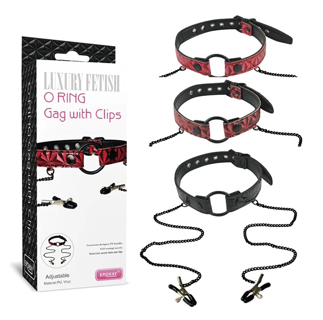 This perforated gag lets you restrict the speech of your sub... Erokay - Pyramid O-Ring Gag w Nipple Clips - Black photo-2