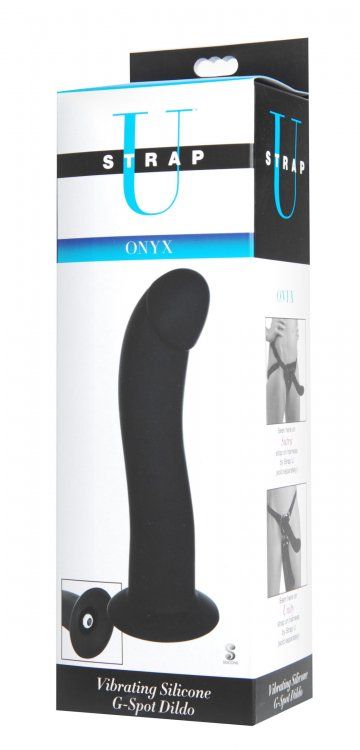This curved silicone vibe has a smooth shaft, arched cock he... Strap U - Onyx Vibrating G-Spot Dildo - Black photo-4