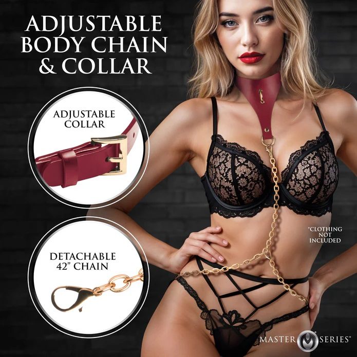 Elevate your kinky wardrobe with this sexy, vegan-leather bo... Master Series - Captivate Collar w Body Chain - Red photo-3