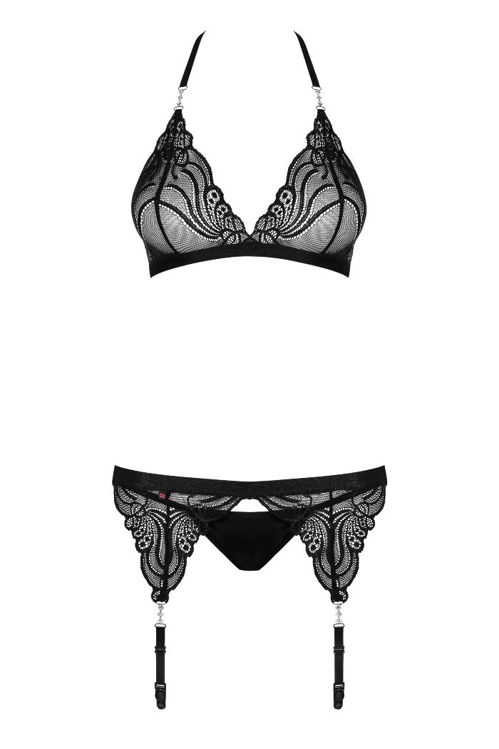 Lacy means… so sexy! Wanna try this set? It was made out of ... Obsessive - 828-SEG-1 Set 3-pcs - Black - S/M photo-5