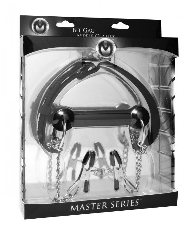 Tease your plaything with this dual featured silicone bit ga... Master Series - Equine Silicone Bit Gag w/ Nipple Clamps - Black photo-4