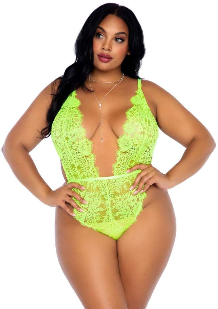 Get lost in the romance of this gorgeous 2 PC lingerie teddy... Leg Avenue - Love Affair Robe & Teddy Set - Lime - 1X-2X photo-3