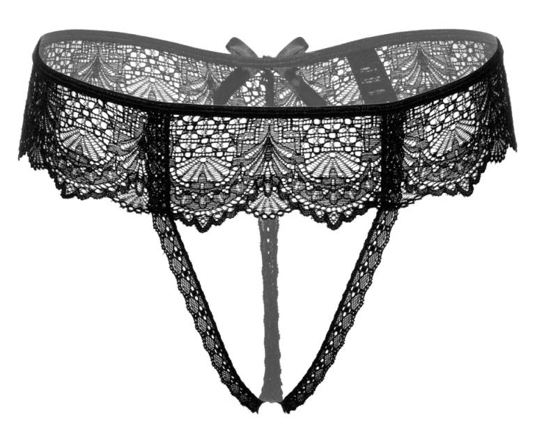 Ultra sexy crotchless string of delicate lace with lacy stra... Daring - Delphine Crotchless String - Black - L/XL photo-3