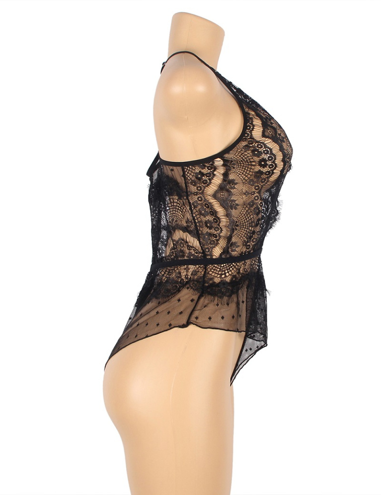 Ohyeah - Lace Floral Sheer Teddy - Black - M photo