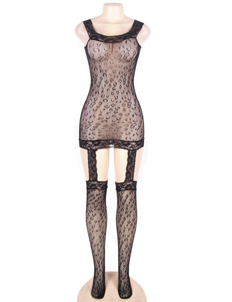 Ohyeah - Leopard Bodystocking w Garter - Black - M photo