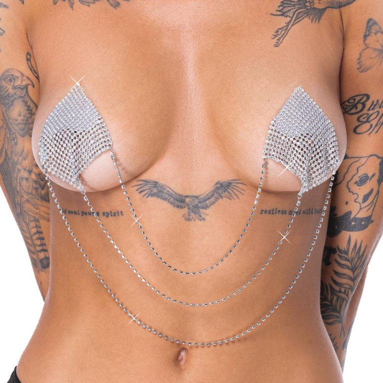Cottelli - Glitter Nipple Stickers w 3 Chains - Silver photo