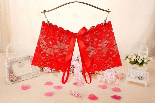SB - Crotchless Lace Panties w Bow - Red photo