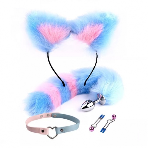 MT - 尾巴后庭塞 连狐狸耳朵, 颈圈 及 乳头夹 - 粉红色/蓝色 照片