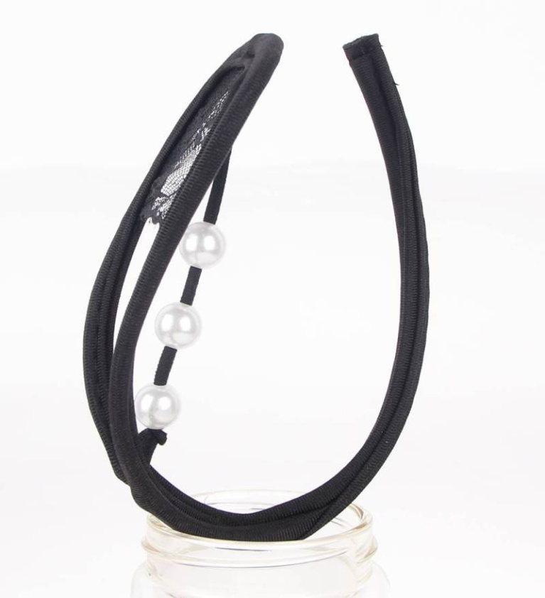 Ohyeah - 帶珍珠蕾絲 C 弦丁字褲 - 黑色 照片