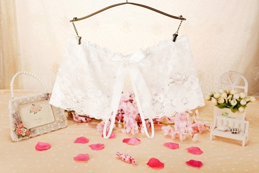 SB - Crotchless Lace Panties w Bow - White photo