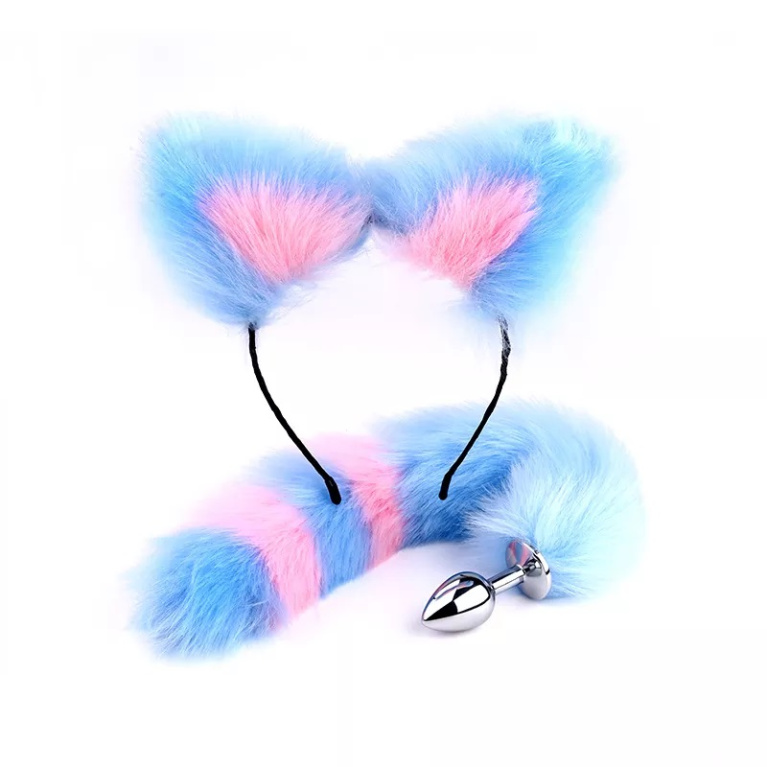 MT - Tail Plug w Cat Ears - Pink/Blue photo