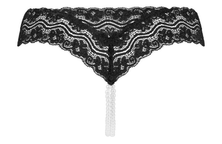 Underneath - Mira 開襠丁字褲 連珍珠配飾 - 黑色 - L/XL 照片