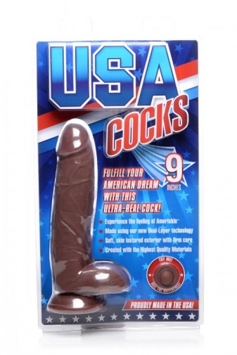 USA Cocks - 9" 双层吸盘仿真阳具 - 深肤色 照片