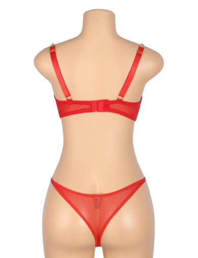 Ohyeah - Chain Heart Mesh Bra Set - Red - M 照片