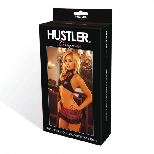 Hustler - 性感校服与蕾丝三件套 - 黑色/红色 照片