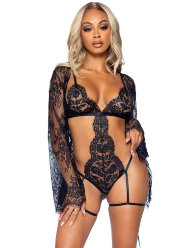 Leg Avenue - All Romance Teddy Robe Set - Black - S photo