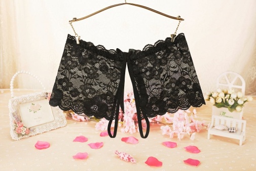 SB - Crotchless Lace Panties w Bow - Black photo