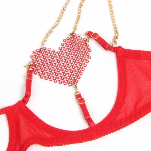 Ohyeah - Chain Heart Mesh Bra Set - Red - M 照片