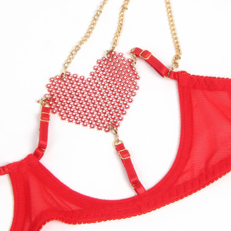 Ohyeah - 锁链心型网状内衣套装 - 红色 - 中码 照片