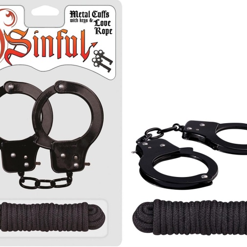 Nasstoys - Sinful Metal Hand Cuffs w Rope - Black photo