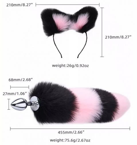 MT - 尾巴后庭塞 连猫耳朵 - 粉红色/黑色 照片
