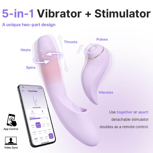 SVAKOM - DuoGlow APP Thrusting Vibrator - Pastel Lilac photo
