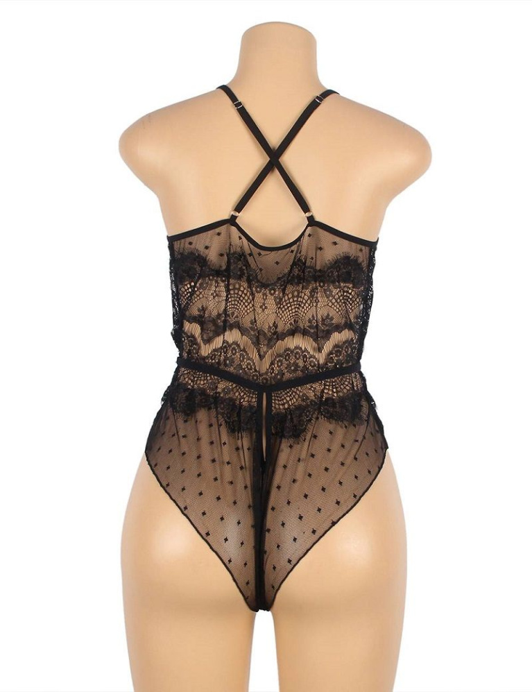 Ohyeah - Lace Floral Sheer Teddy - Black - M photo