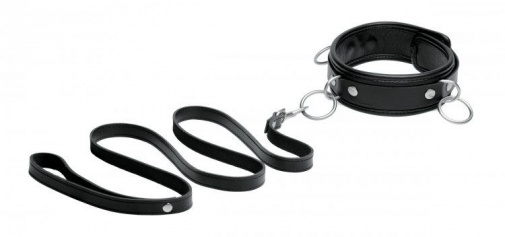 Mistress - 3 Ring Leather Collar with Leash - Black photo