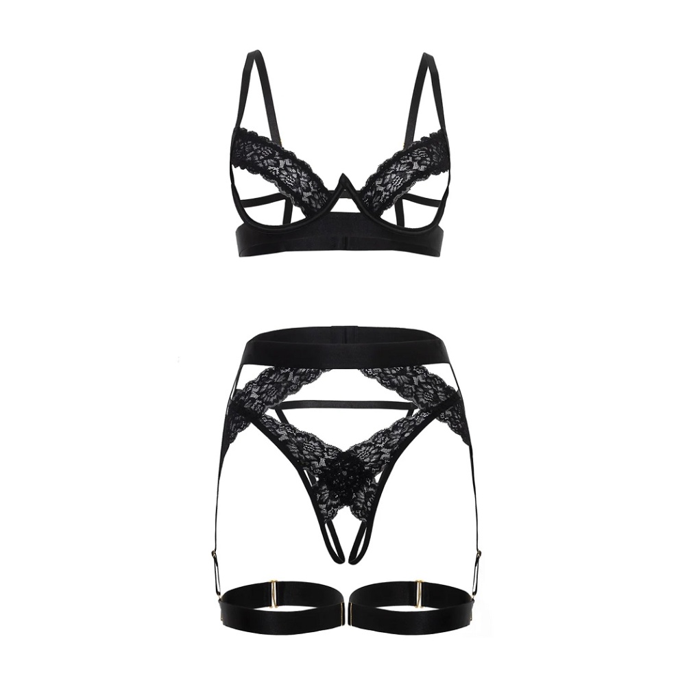 Get flirty with Jessica Peek-A-Boo! This three-piece bra set... Oh La La Cheri - Jessica Peek-A-Boo 3pcs Set - Black - L/XL photo-7