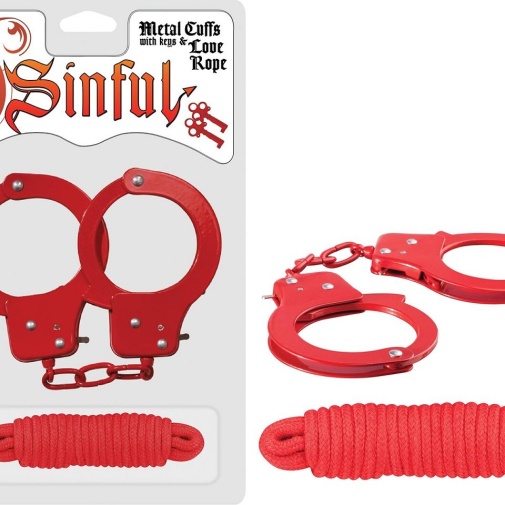 Nasstoys - Sinful Metal Hand Cuffs w Rope - Red photo