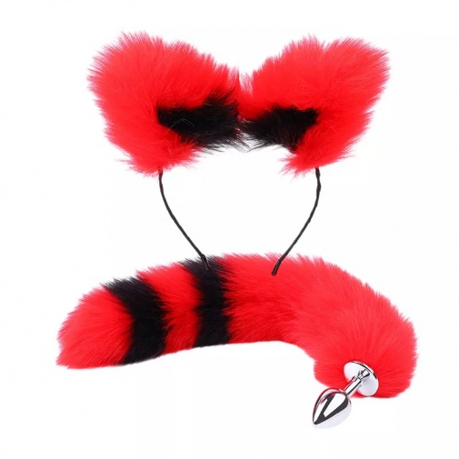 MT - 尾巴後庭塞 連狐狸耳朵, 頸圈 及 乳頭夾 - 紅色/黑色 照片