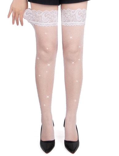 Ohyeah - Lace Rhinestone Stockings - White - XL photo