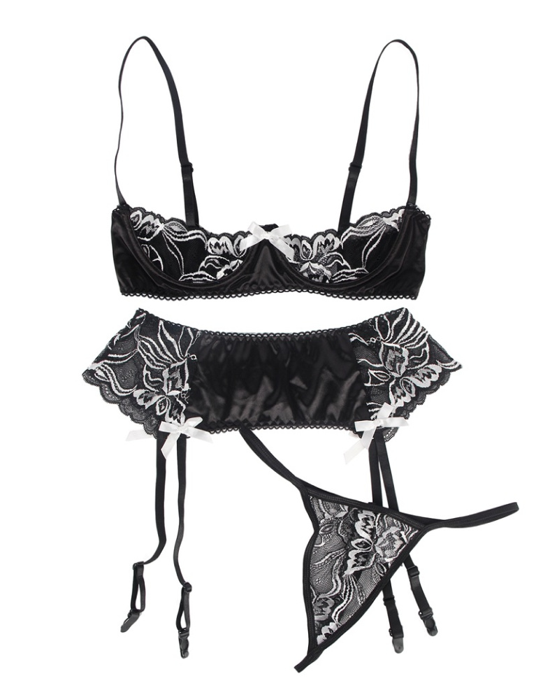 Ohyeah - Open Bra Set w Garter Panty - Black - M photo