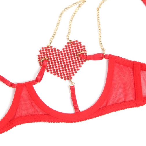 Ohyeah - Chain Heart Mesh Bra Set - Red - M 照片