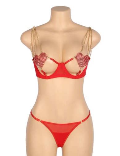 Ohyeah - Chain Heart Mesh Bra Set - Red - M 照片