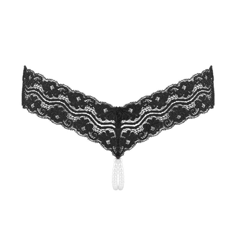 Underneath - Mira Crotchless G-String w Pearl - Black - S/M photo