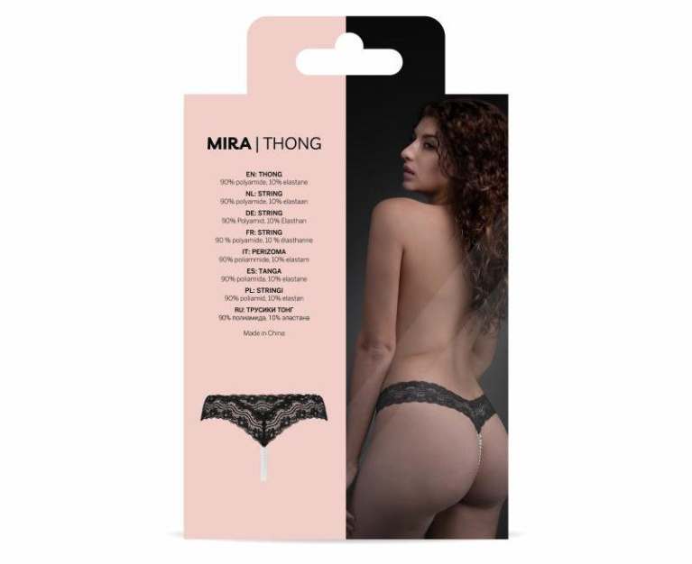 Underneath - Mira Crotchless G-String w Pearl - Black - S/M photo