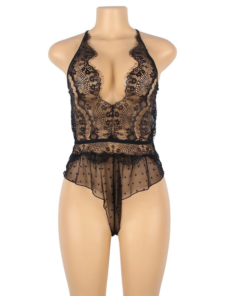 Ohyeah - Lace Floral Sheer Teddy - Black - 3XL photo