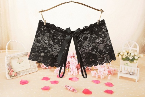 SB - Crotchless Lace Panties w Bow - Black photo