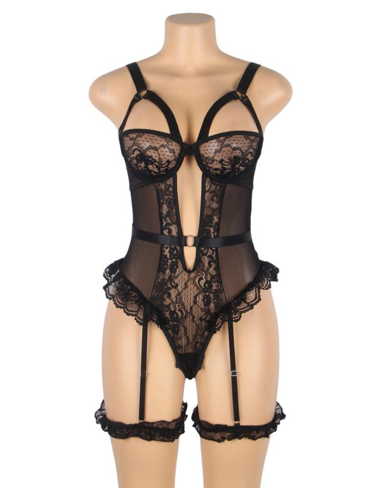 Ohyeah - 蕾丝吊带连身内衣 - 黑色 - 加大码 照片