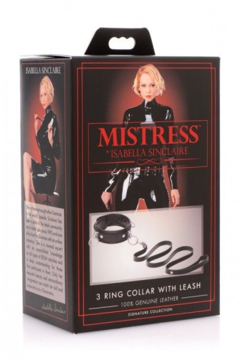 Mistress - 3 Ring Leather Collar with Leash - Black photo