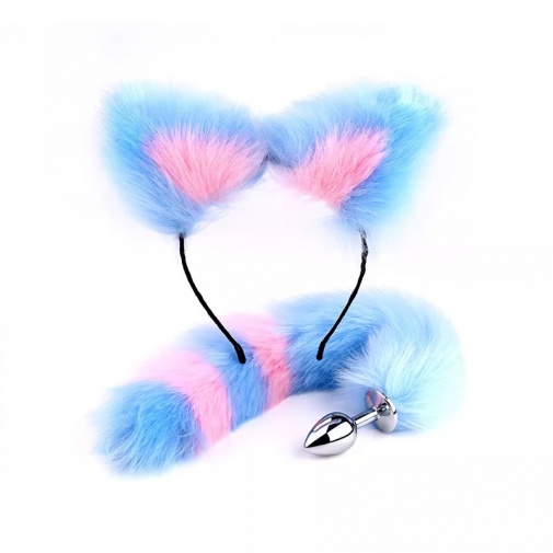 MT - 尾巴後庭塞 連狐狸耳朵, 頸圈 及 乳頭夾 - 粉紅色/藍色 照片