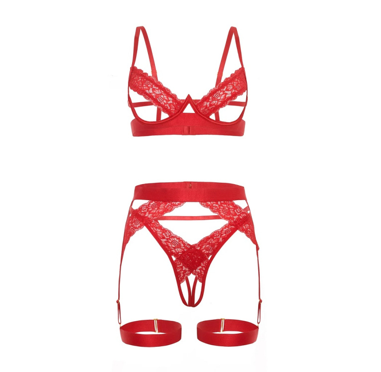 Oh La La Cheri - Jessica Peek-A-Boo 3pcs Set - Red - L/XL photo