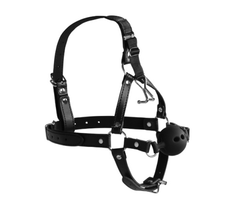 Ouch - Head Harness w Breathable Ball Gag & Nose Hooks - Black photo