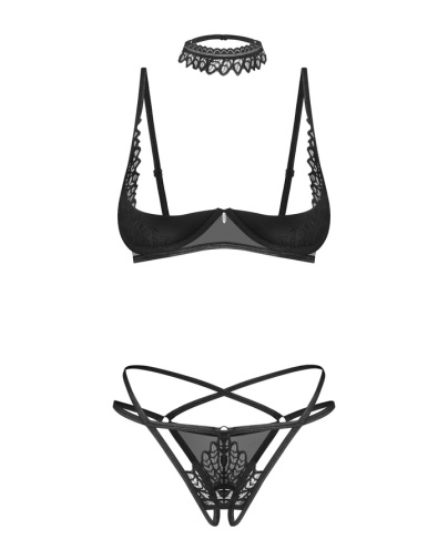 Obsessive - Donarella - 開襠內褲 半罩式胸罩 項圈 三件裝 - 黑色 - 加細/細碼 照片