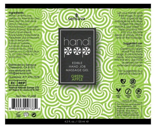 Sensuva - Handipop Hand Job Massage Gel Green Apple - 125ml photo