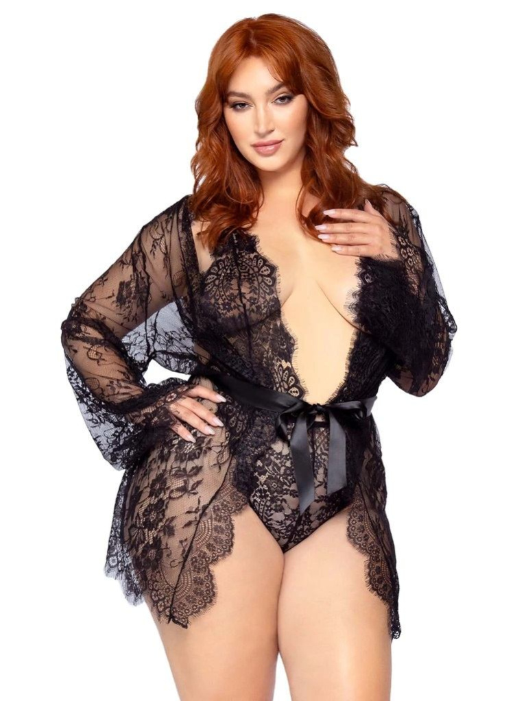 Leg Avenue - Love Affair Robe & Teddy Set - Black - 1X-2X photo