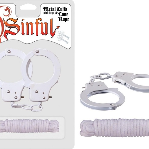 Nasstoys - Sinful Metal Hand Cuffs w Rope - White photo